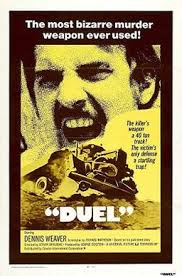 Yellow tone movie poster for "Duel" with a mans head above crashing cars.